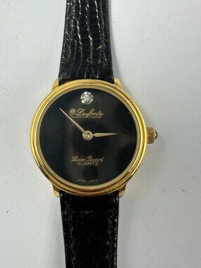 Vintage Lucien Piccard Dufonte Women Watch 24mm Black Dial Gold Tone Leather